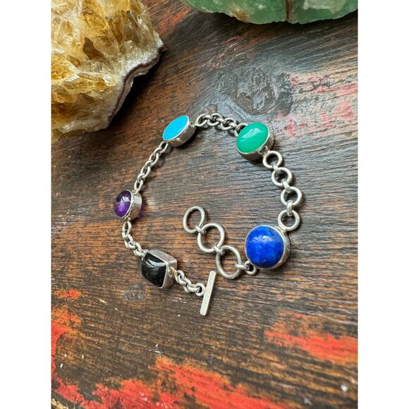 Amethyst Black Onyx Turquoise Chrysoprase Lapis Lazuli Sterling Bracelet - Picture 5 of 7
